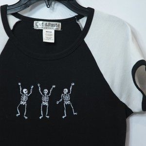 Black & White Cut & Paste T Shirt Dress with Dancing Skeletons
